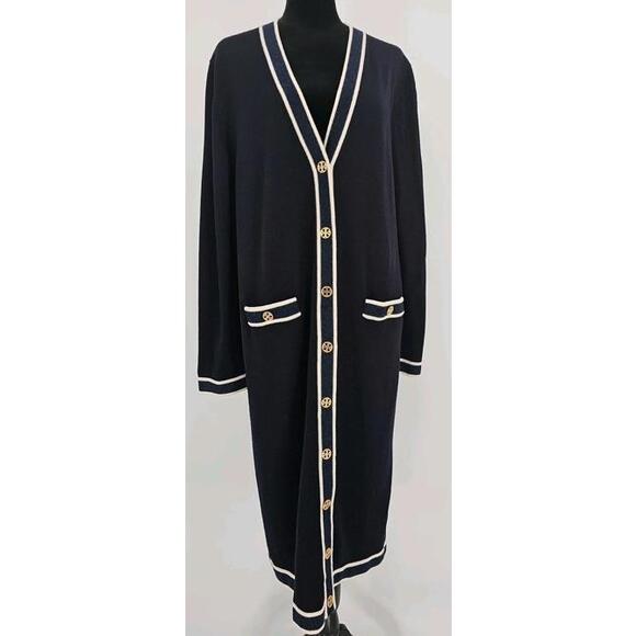Tory Burch Madeline Cardigan XL Navy Longline Gold Logo Buttons  Sweater - Picture 1 of 9